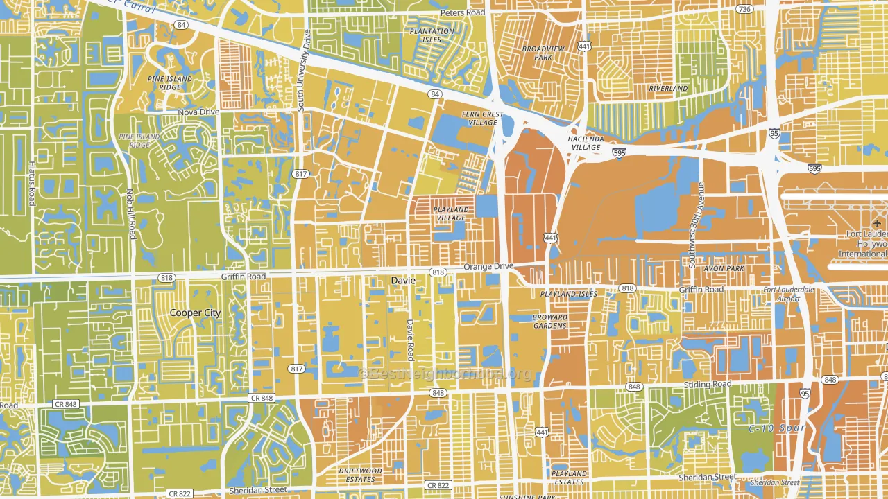 Map of the best neighborhoods in the 33314 area, with better matches in green and worse matches in red