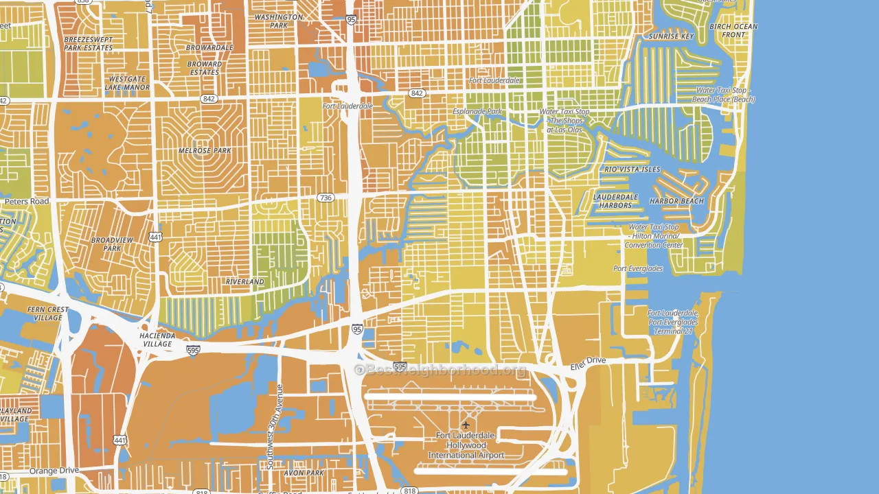 Map of the best neighborhoods in the 33315 area, with better matches in green and worse matches in red