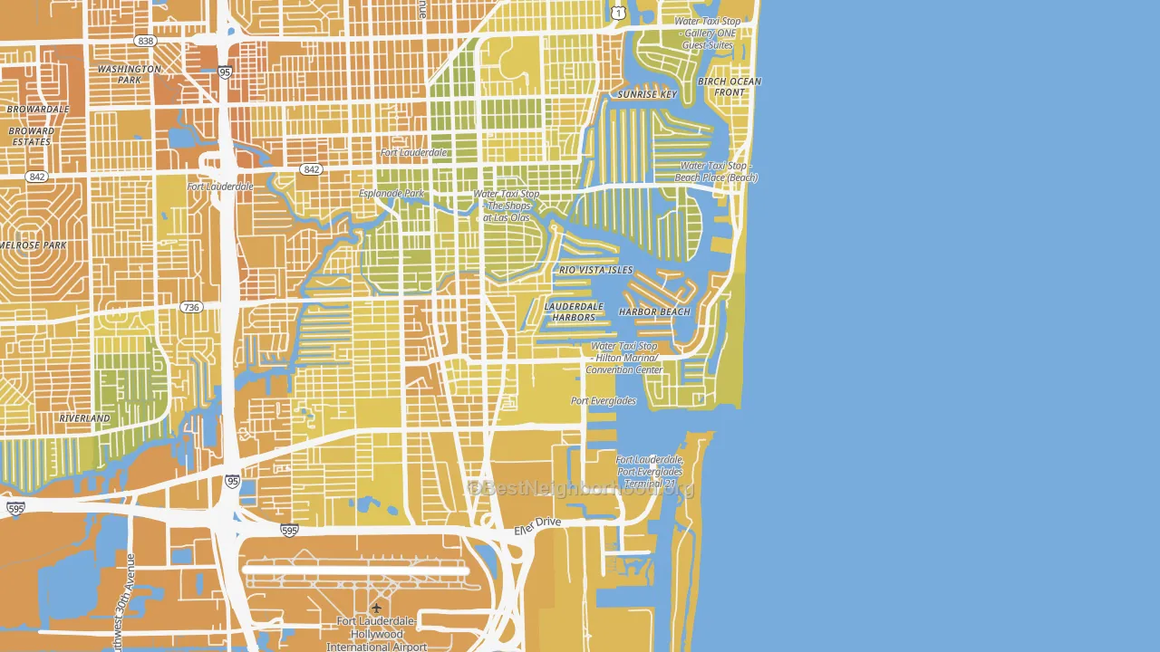 Map of the best neighborhoods in the 33316 area, with better matches in green and worse matches in red