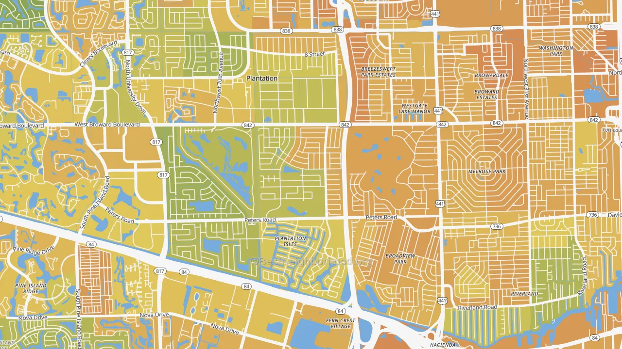 Map of the best neighborhoods in the 33317 area, with better matches in green and worse matches in red
