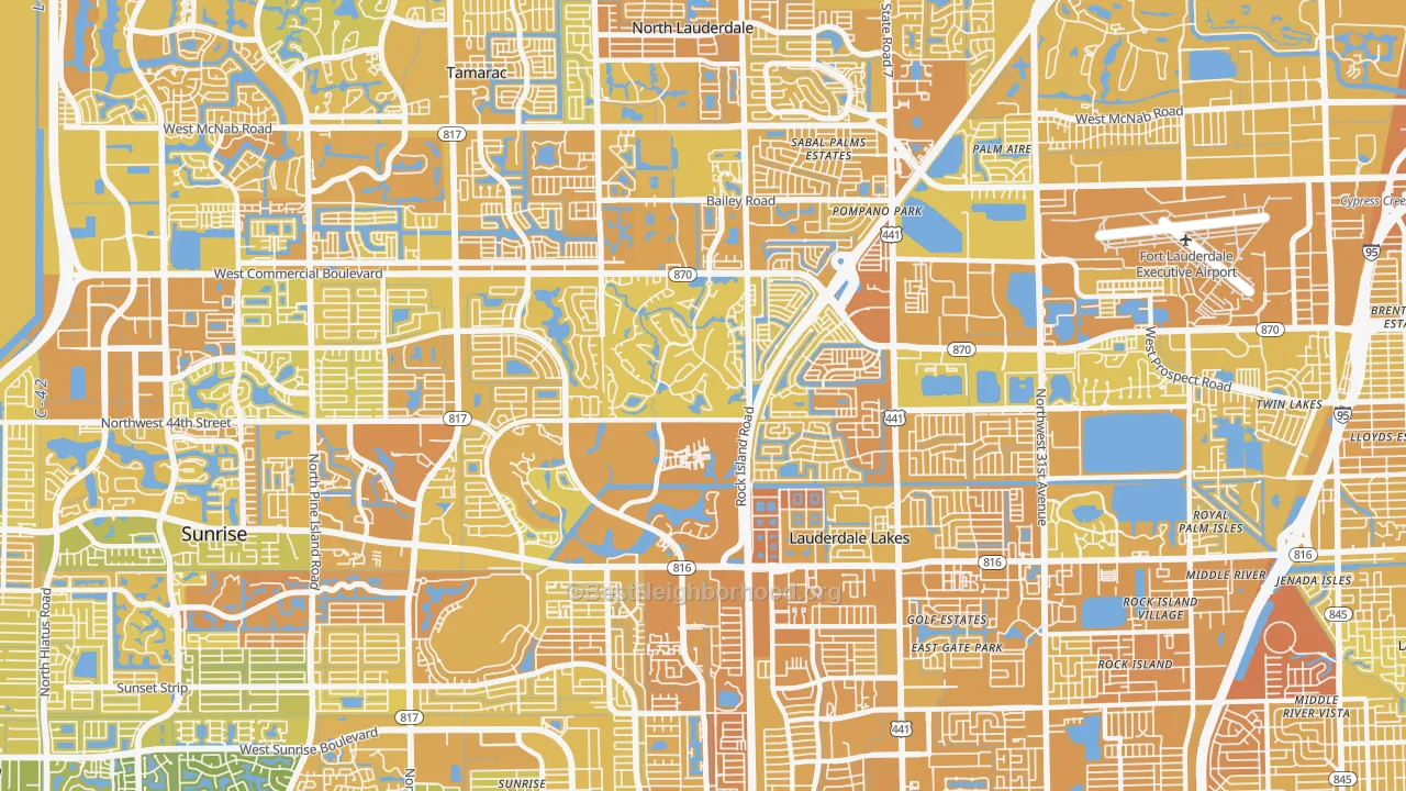 Map of the best neighborhoods in the 33319 area, with better matches in green and worse matches in red