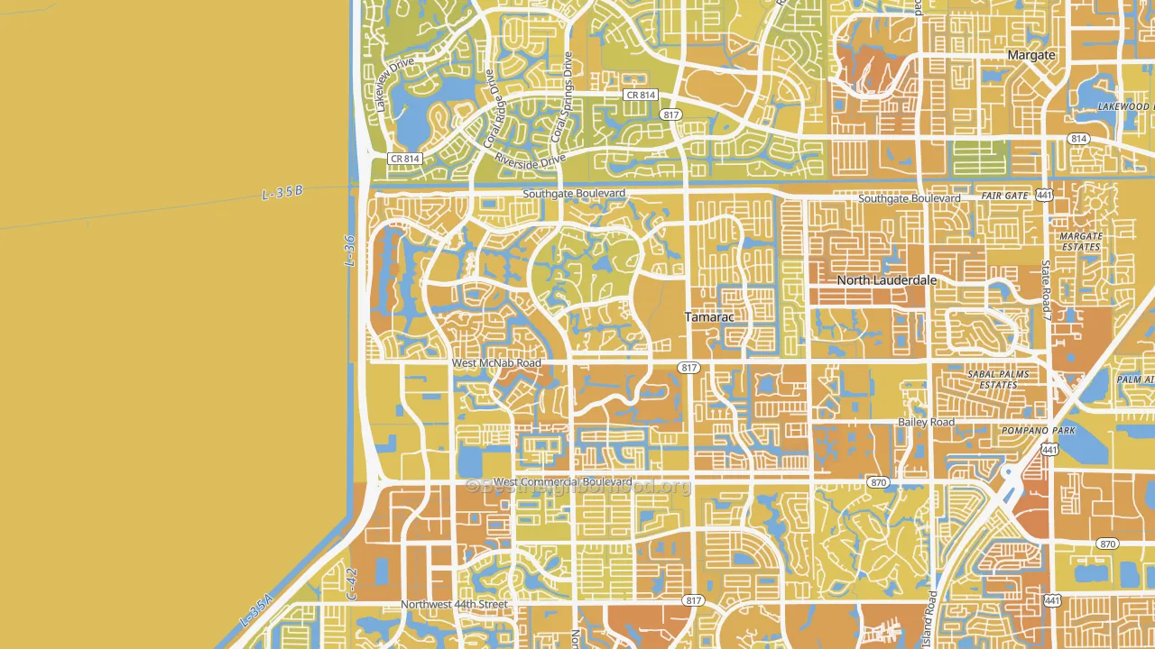 Map of the best neighborhoods in the 33321 area, with better matches in green and worse matches in red