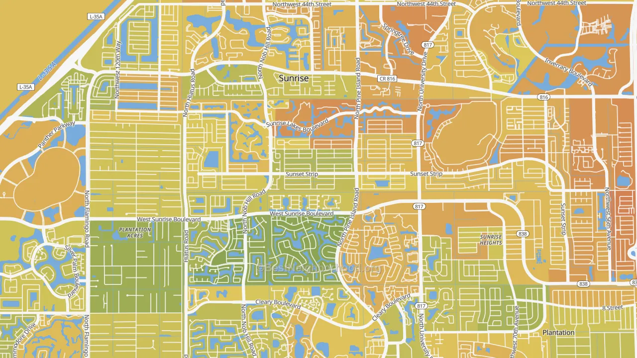 Map of the best neighborhoods in the 33322 area, with better matches in green and worse matches in red
