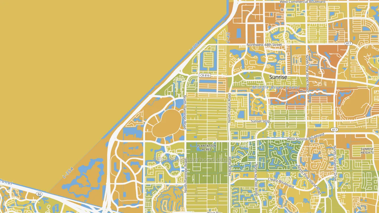 Map of the best neighborhoods in the 33323 area, with better matches in green and worse matches in red