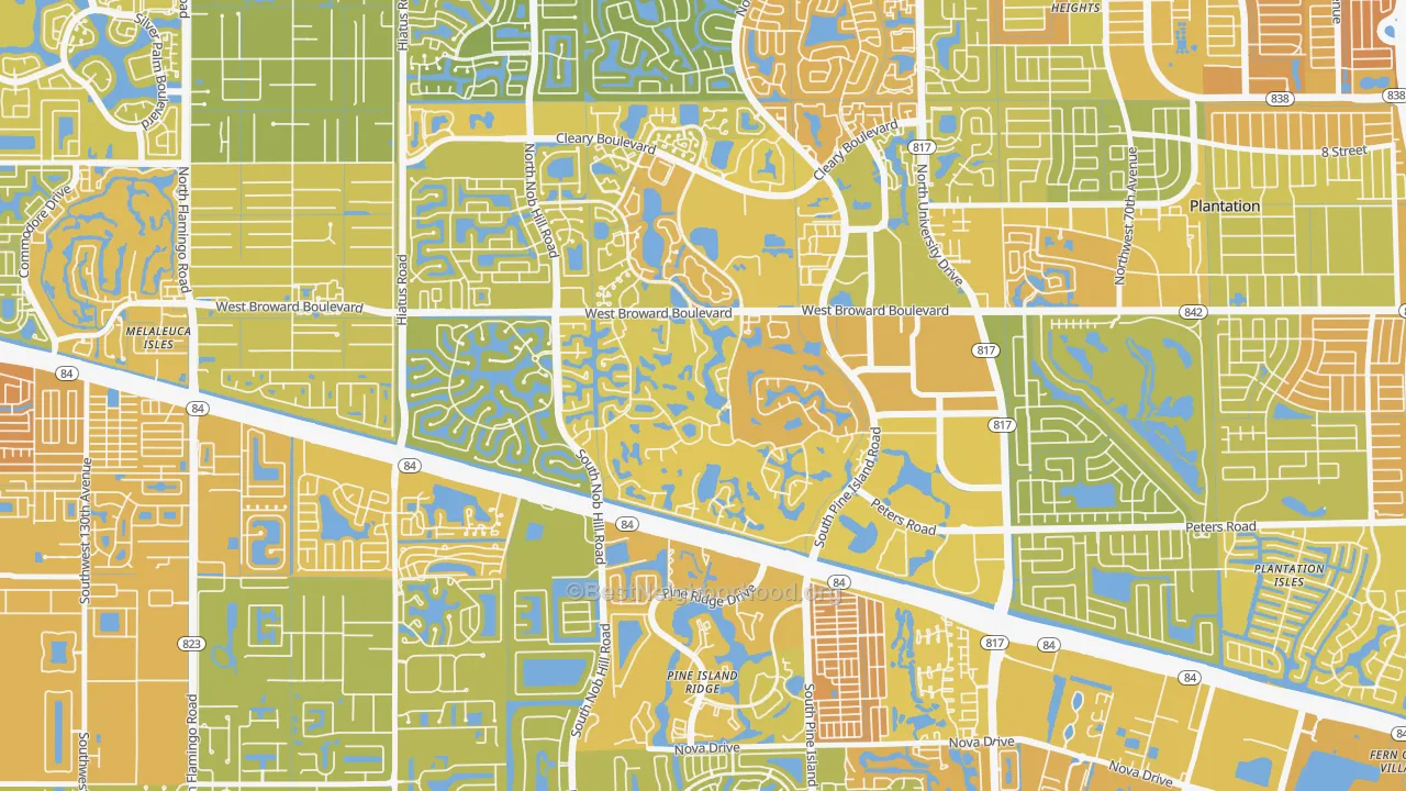 Map of the best neighborhoods in the 33324 area, with better matches in green and worse matches in red