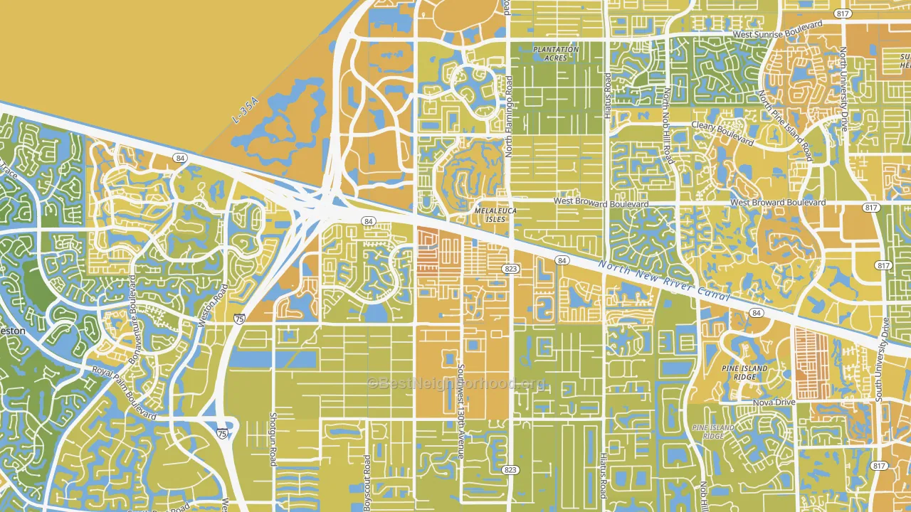 Map of the best neighborhoods in the 33325 area, with better matches in green and worse matches in red