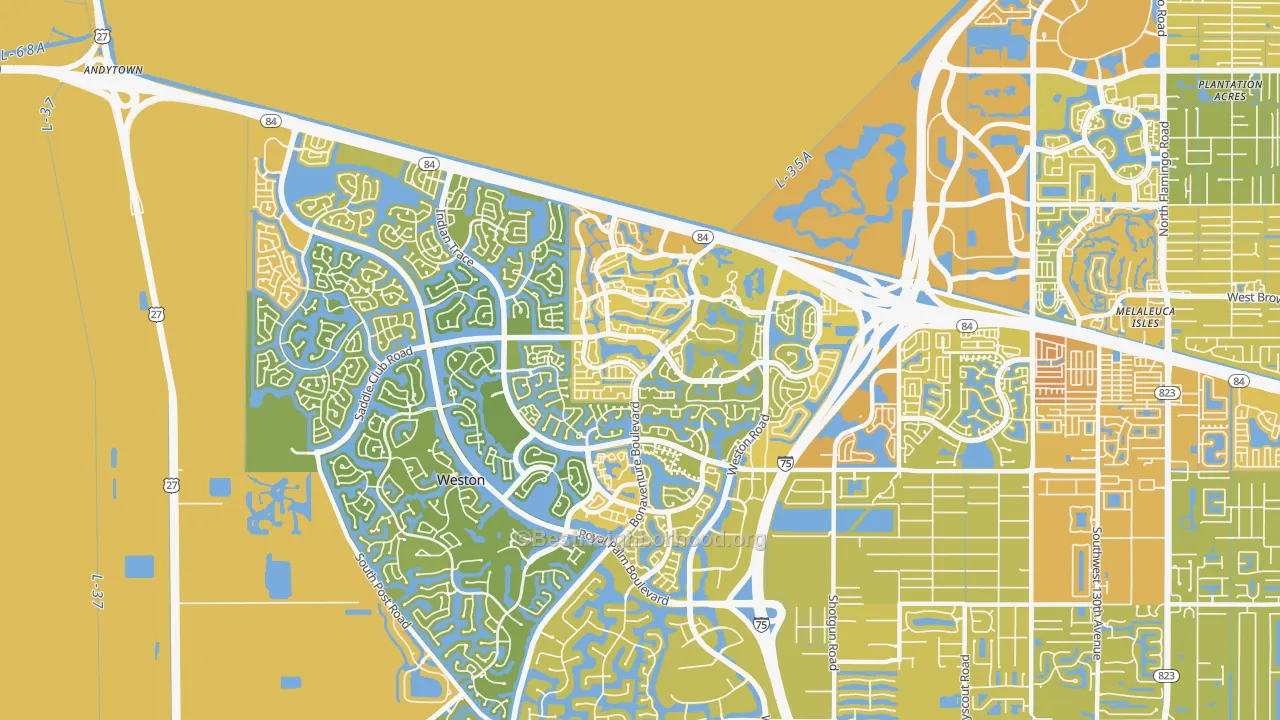 Map of the best neighborhoods in the 33326 area, with better matches in green and worse matches in red
