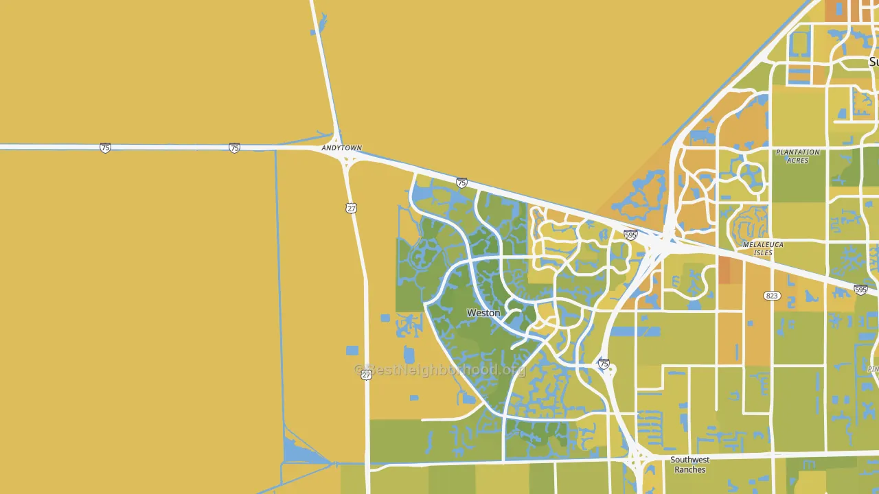 Map of the best neighborhoods in the 33327 area, with better matches in green and worse matches in red