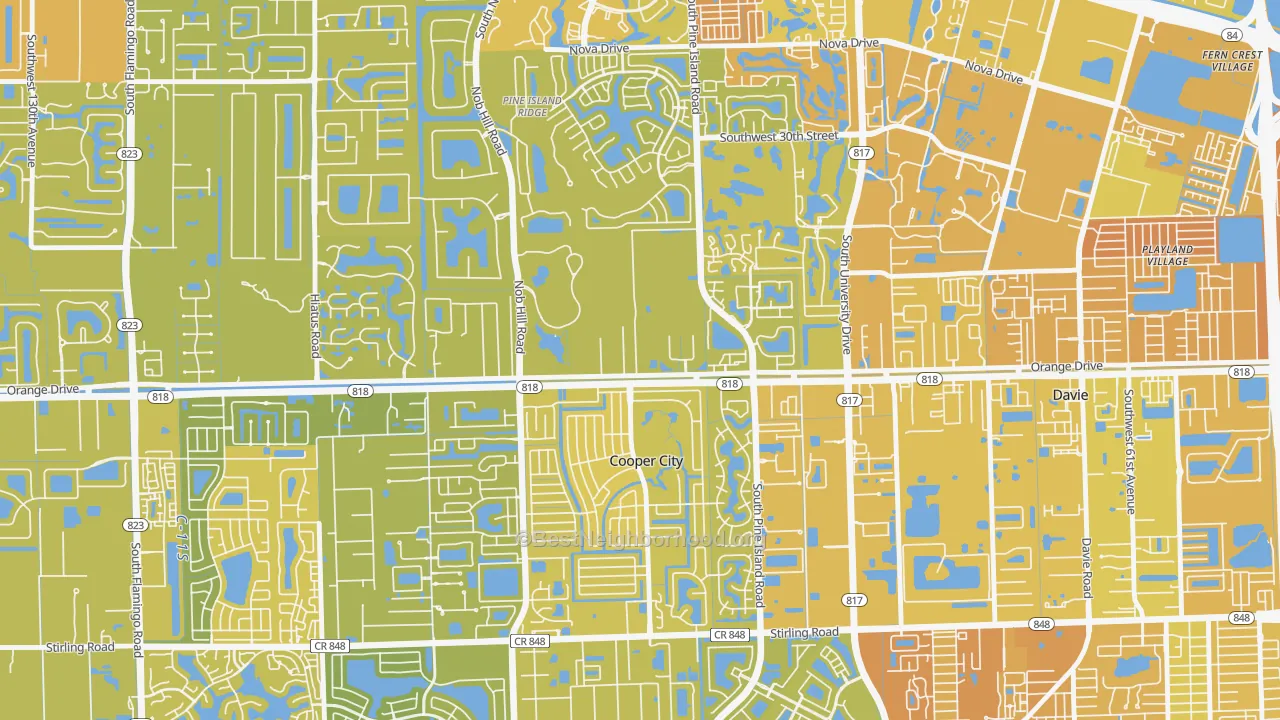 Map of the best neighborhoods in the 33328 area, with better matches in green and worse matches in red