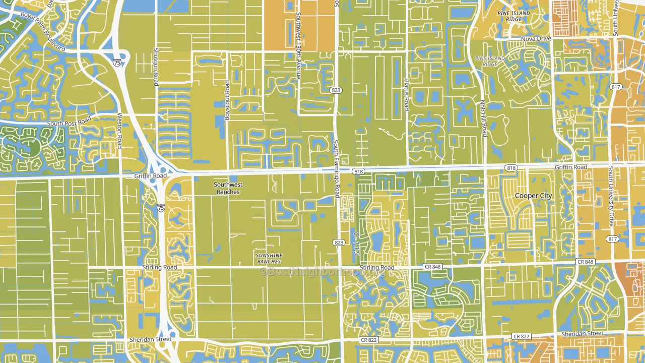 Map of the best neighborhoods in the 33330 area, with better matches in green and worse matches in red