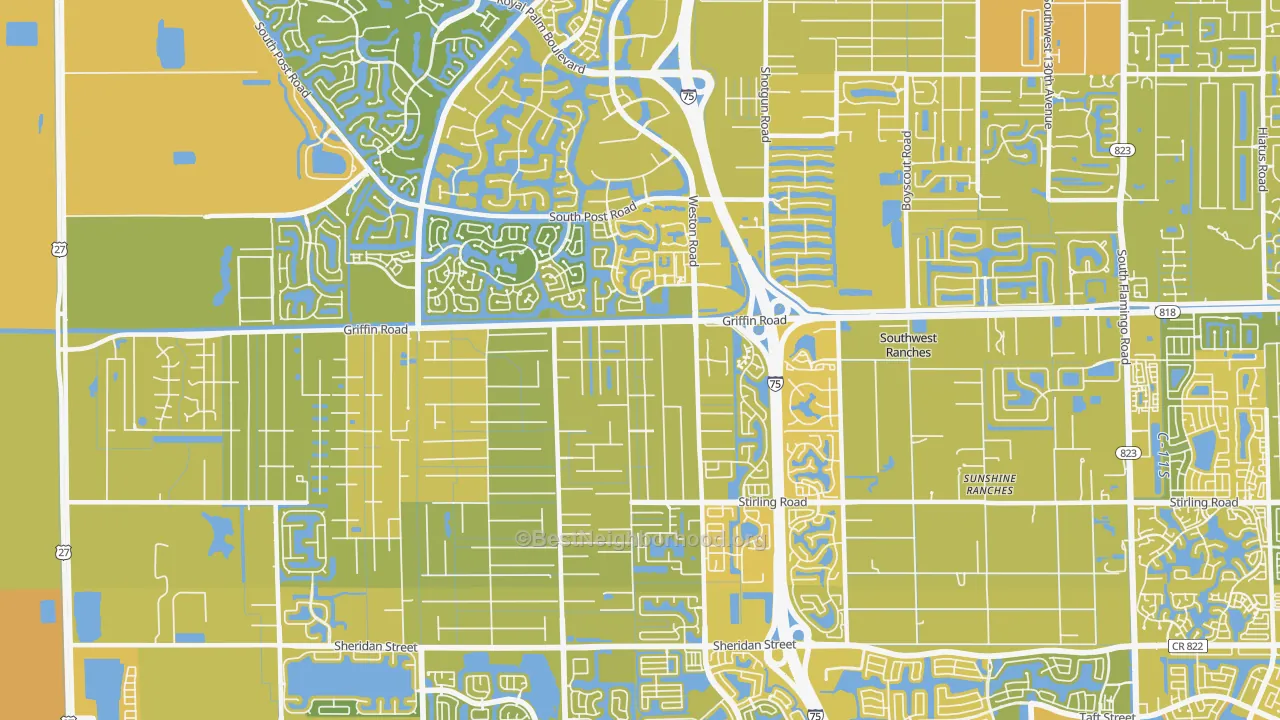Map of the best neighborhoods in the 33331 area, with better matches in green and worse matches in red