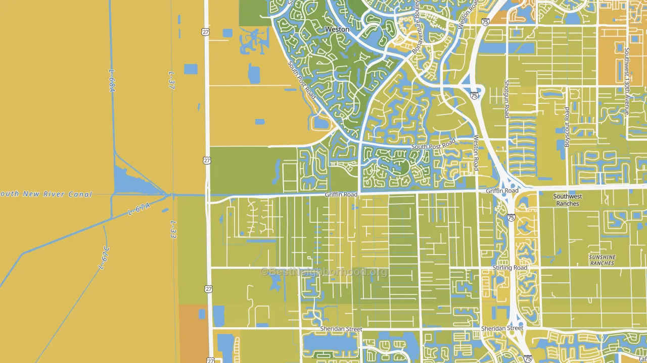 Map of the best neighborhoods in the 33332 area, with better matches in green and worse matches in red