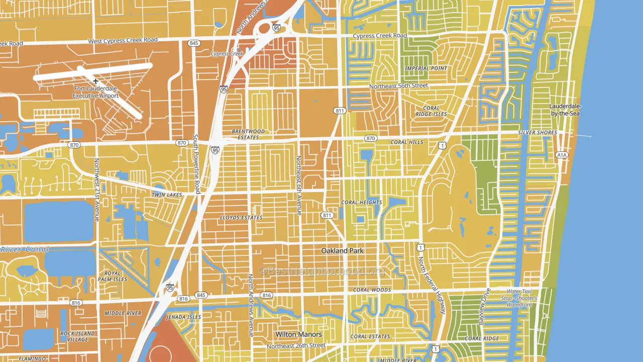 Map of the best neighborhoods in the 33334 area, with better matches in green and worse matches in red