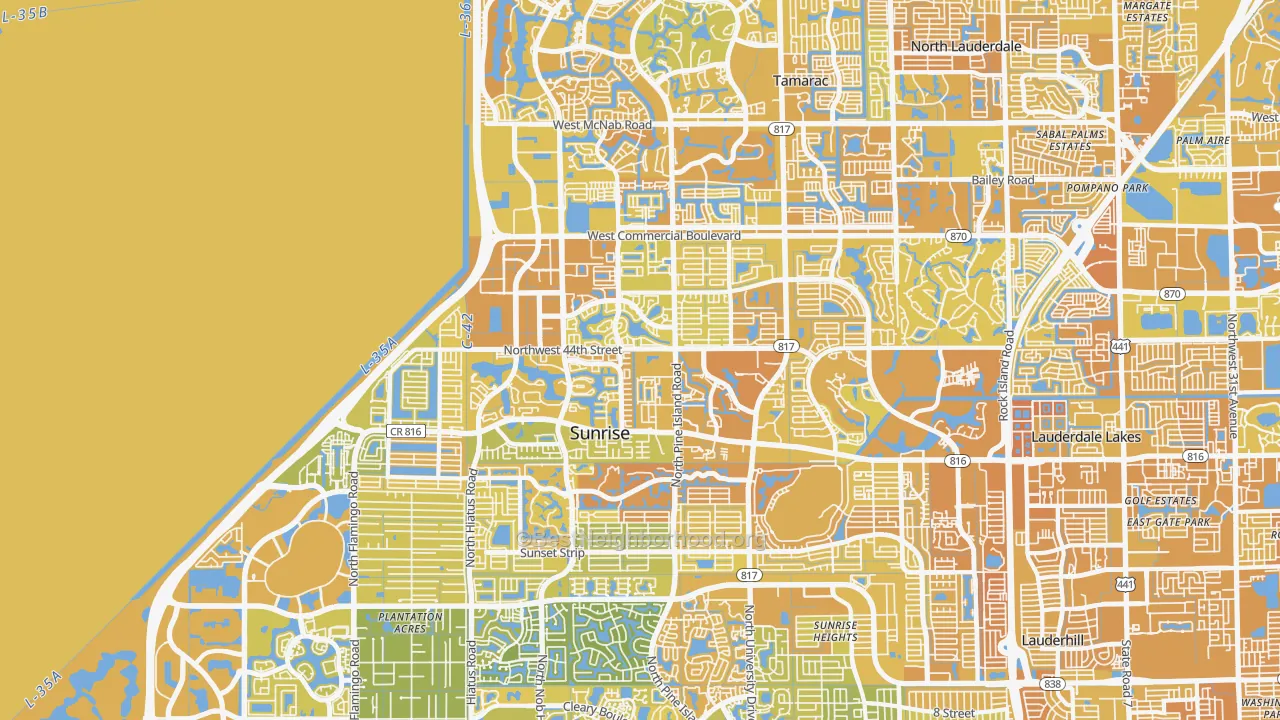Map of the best neighborhoods in the 33351 area, with better matches in green and worse matches in red