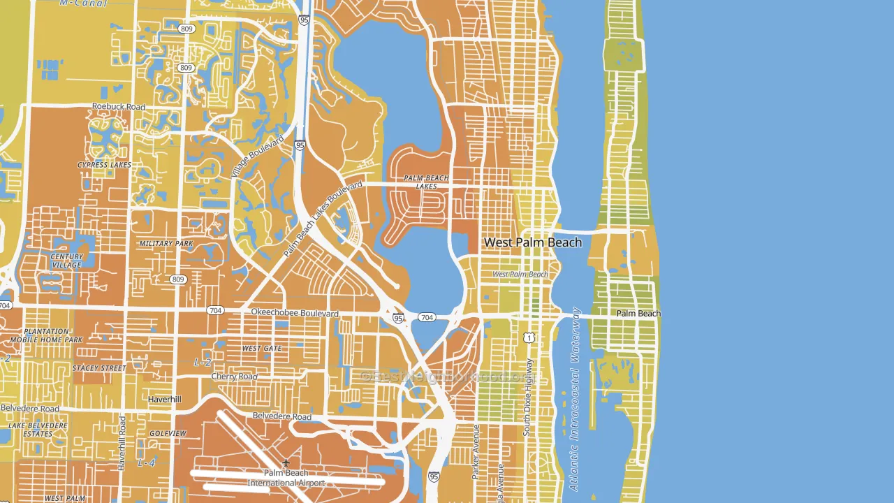 Map of the best neighborhoods in the 33401 area, with better matches in green and worse matches in red