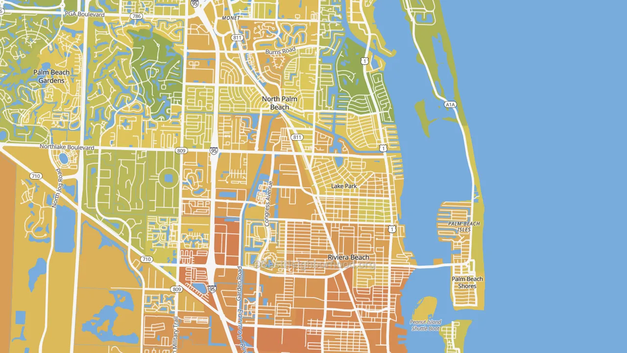 Map of the best neighborhoods in the 33403 area, with better matches in green and worse matches in red