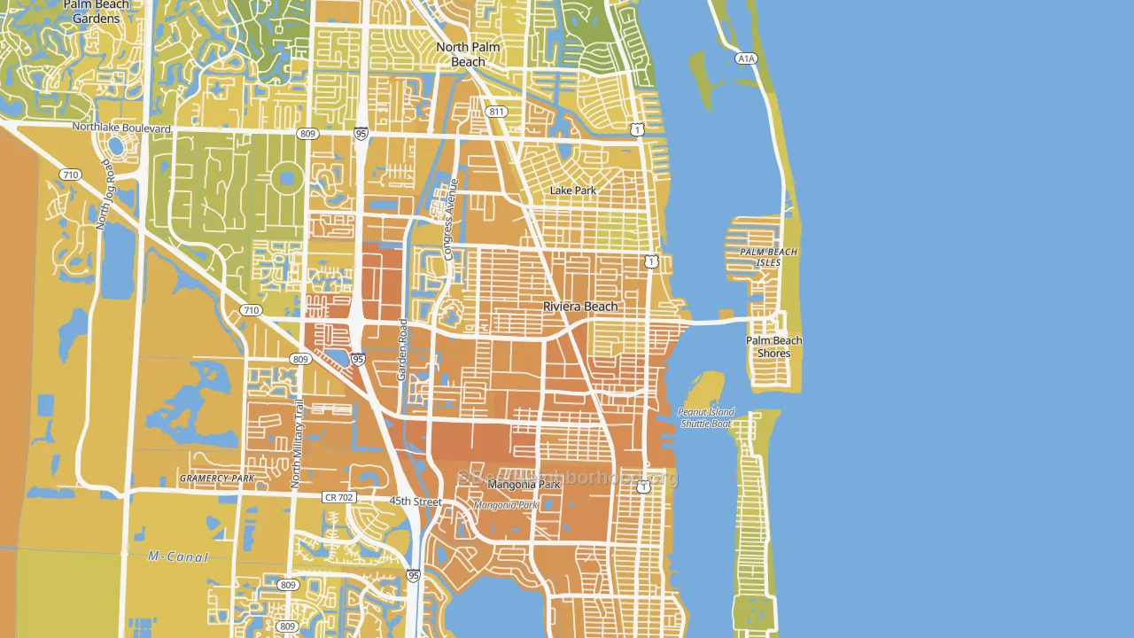 Map of the best neighborhoods in the 33404 area, with better matches in green and worse matches in red