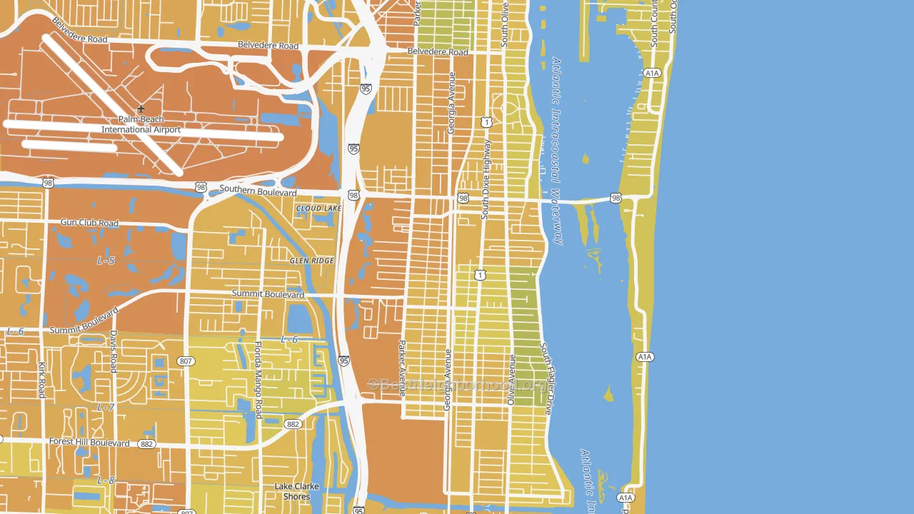 Map of the best neighborhoods in the 33405 area, with better matches in green and worse matches in red