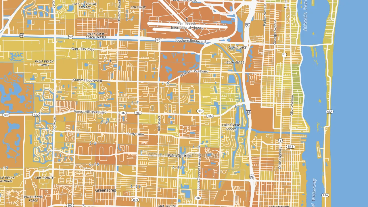 Map of the best neighborhoods in the 33406 area, with better matches in green and worse matches in red