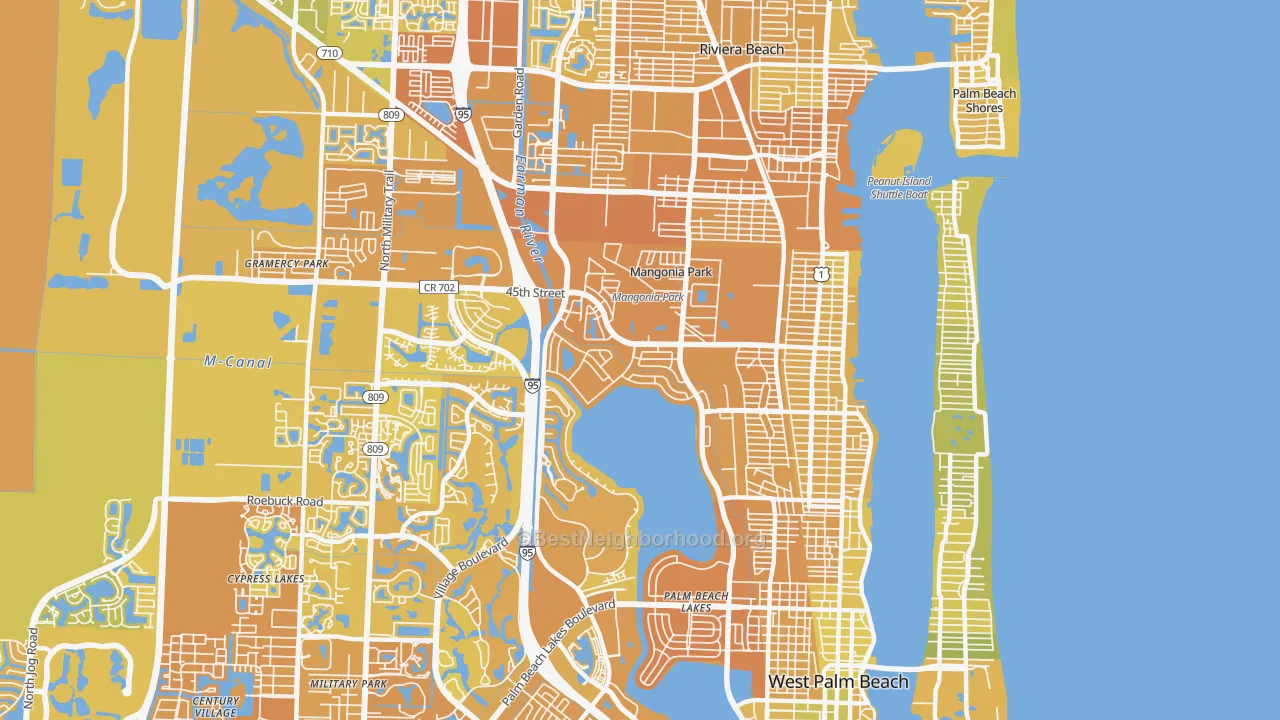 Map of the best neighborhoods in the 33407 area, with better matches in green and worse matches in red