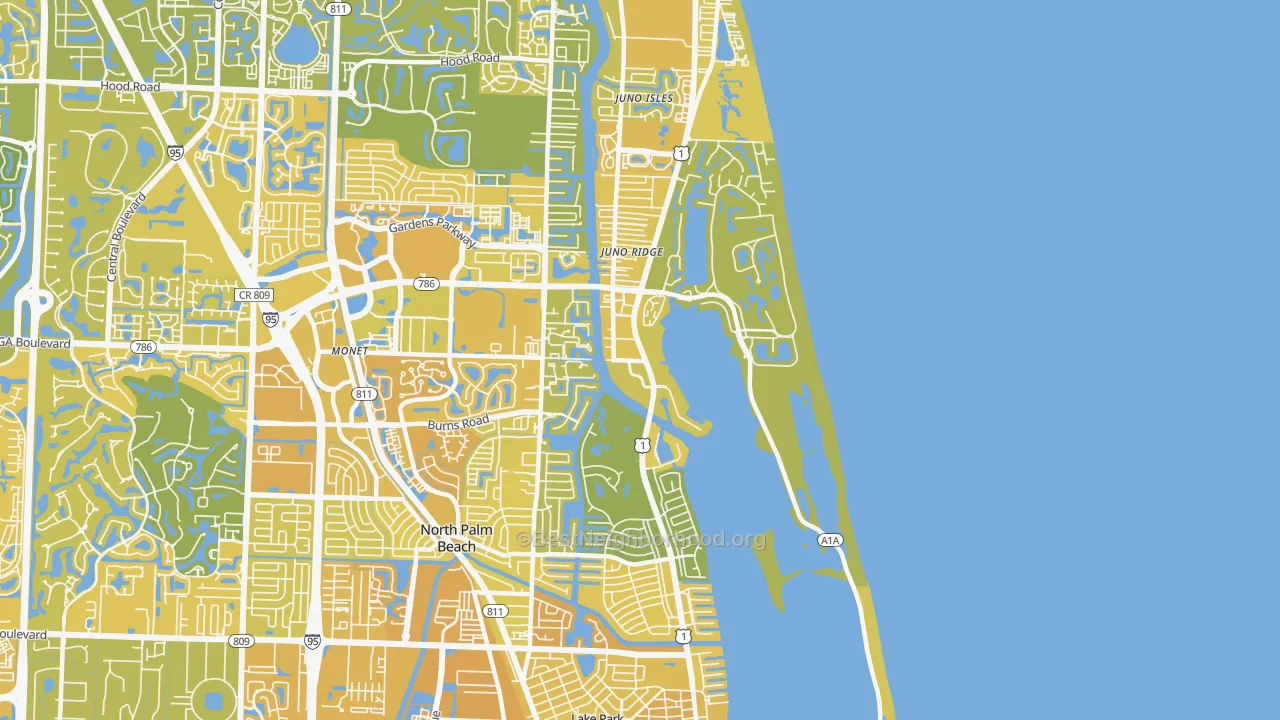 Map of the best neighborhoods in the 33408 area, with better matches in green and worse matches in red