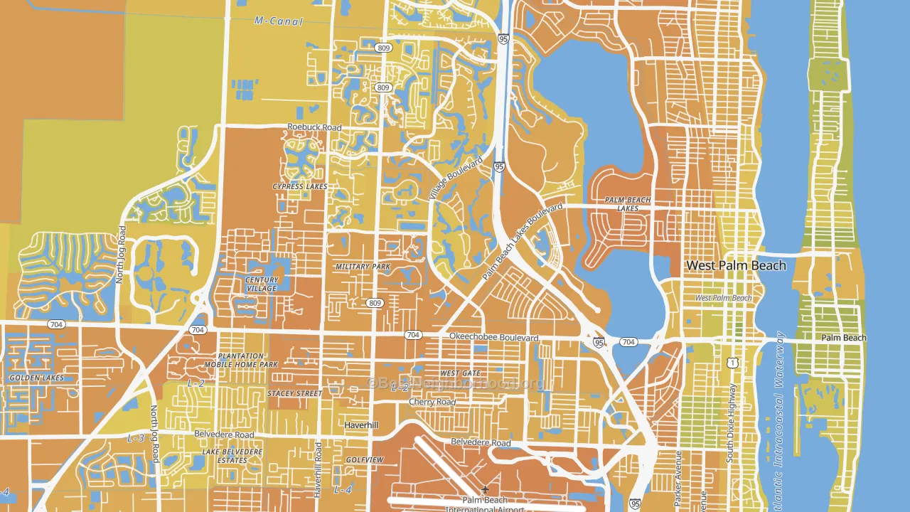 Map of the best neighborhoods in the 33409 area, with better matches in green and worse matches in red