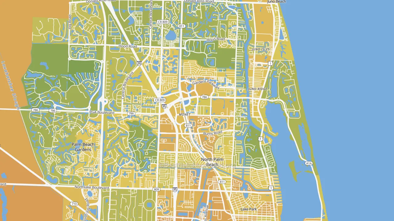 Map of the best neighborhoods in the 33410 area, with better matches in green and worse matches in red