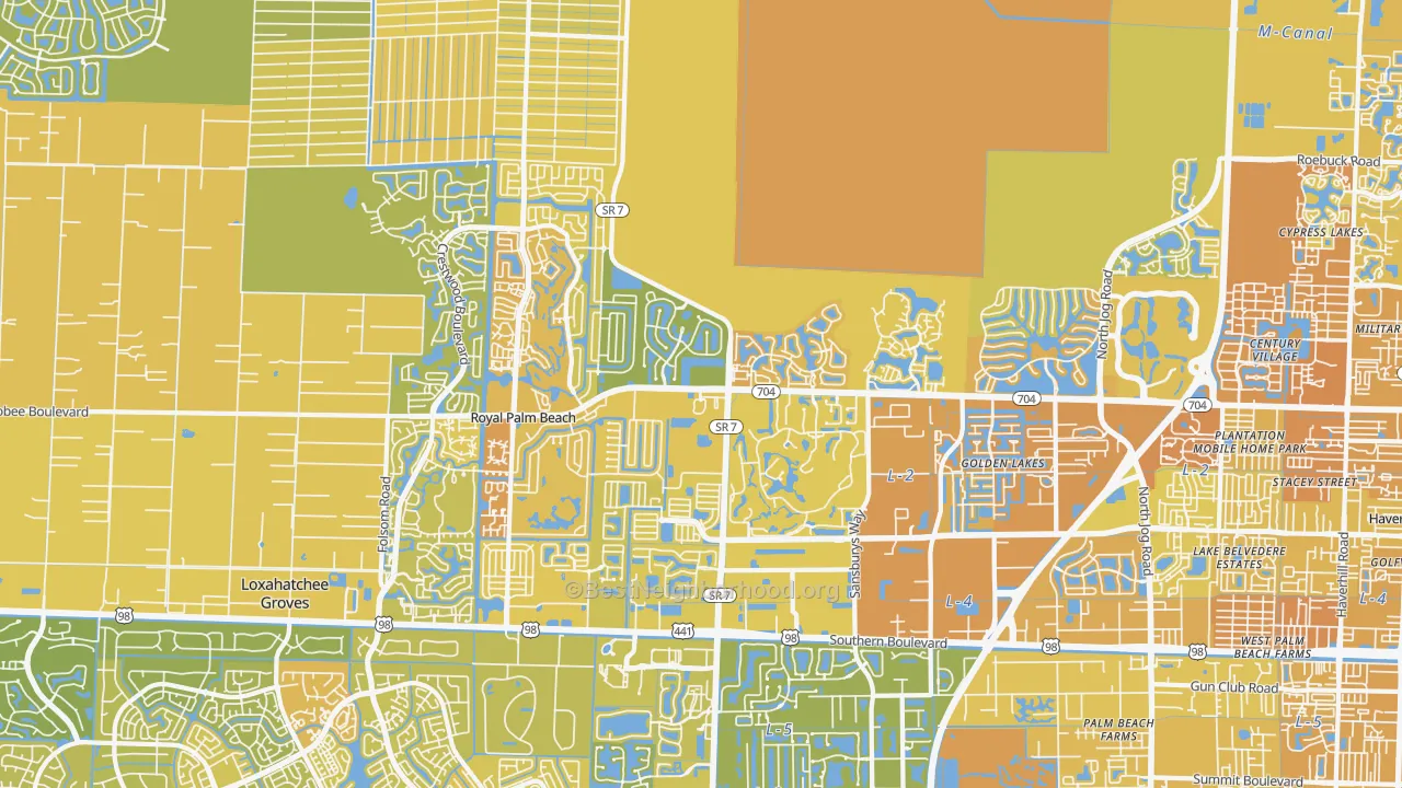 Map of the best neighborhoods in the 33411 area, with better matches in green and worse matches in red