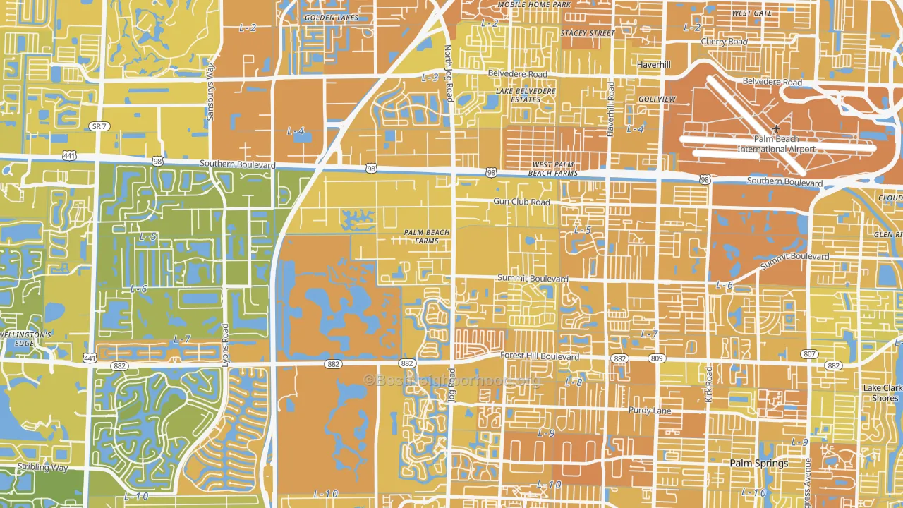 Map of the best neighborhoods in the 33413 area, with better matches in green and worse matches in red