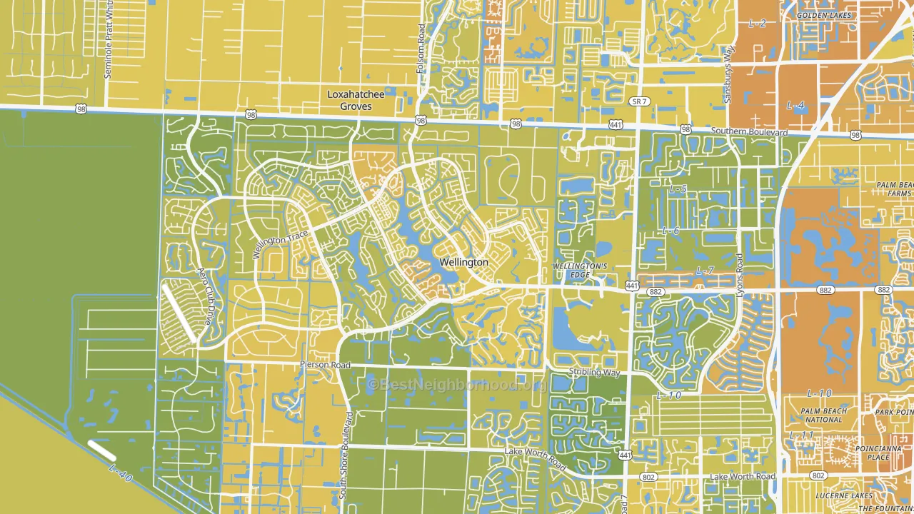Map of the best neighborhoods in the 33414 area, with better matches in green and worse matches in red