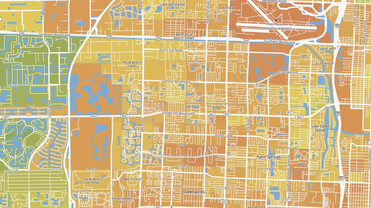 Map of the best neighborhoods in the 33415 area, with better matches in green and worse matches in red