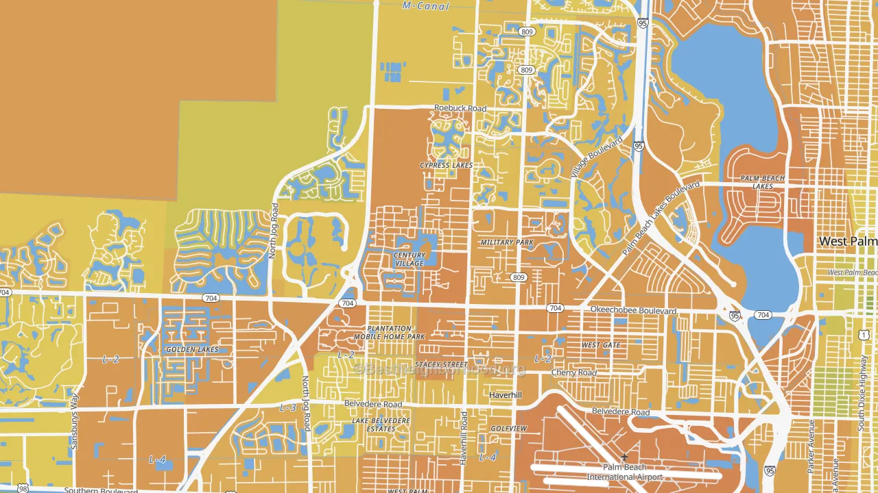 Map of the best neighborhoods in the 33417 area, with better matches in green and worse matches in red