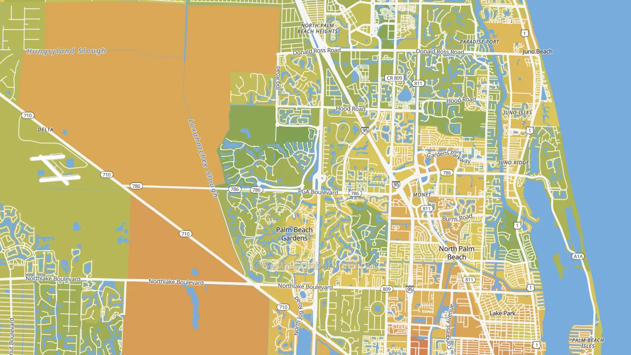 Map of the best neighborhoods in the 33418 area, with better matches in green and worse matches in red
