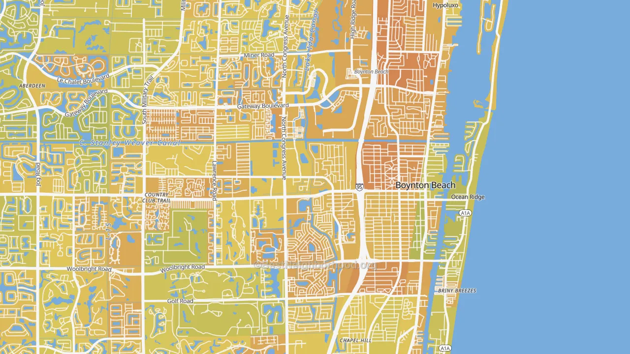 Map of the best neighborhoods in the 33426 area, with better matches in green and worse matches in red