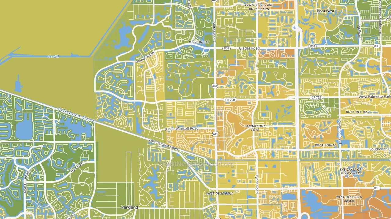 Map of the best neighborhoods in the 33428 area, with better matches in green and worse matches in red