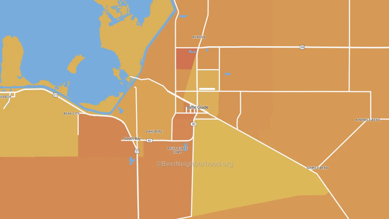 Map of the best neighborhoods in the 33430 area, with better matches in green and worse matches in red