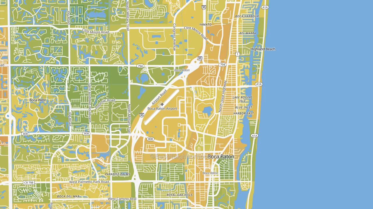 Map of the best neighborhoods in the 33431 area, with better matches in green and worse matches in red