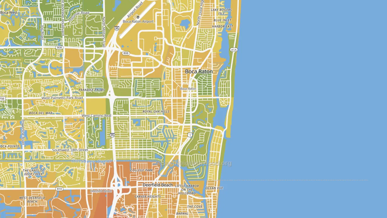 Map of the best neighborhoods in the 33432 area, with better matches in green and worse matches in red