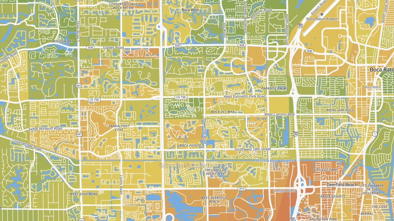 Map of the best neighborhoods in the 33433 area, with better matches in green and worse matches in red