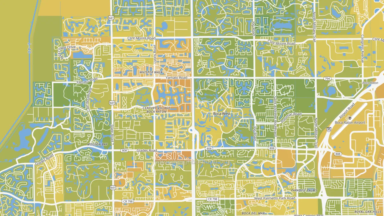 Map of the best neighborhoods in the 33434 area, with better matches in green and worse matches in red