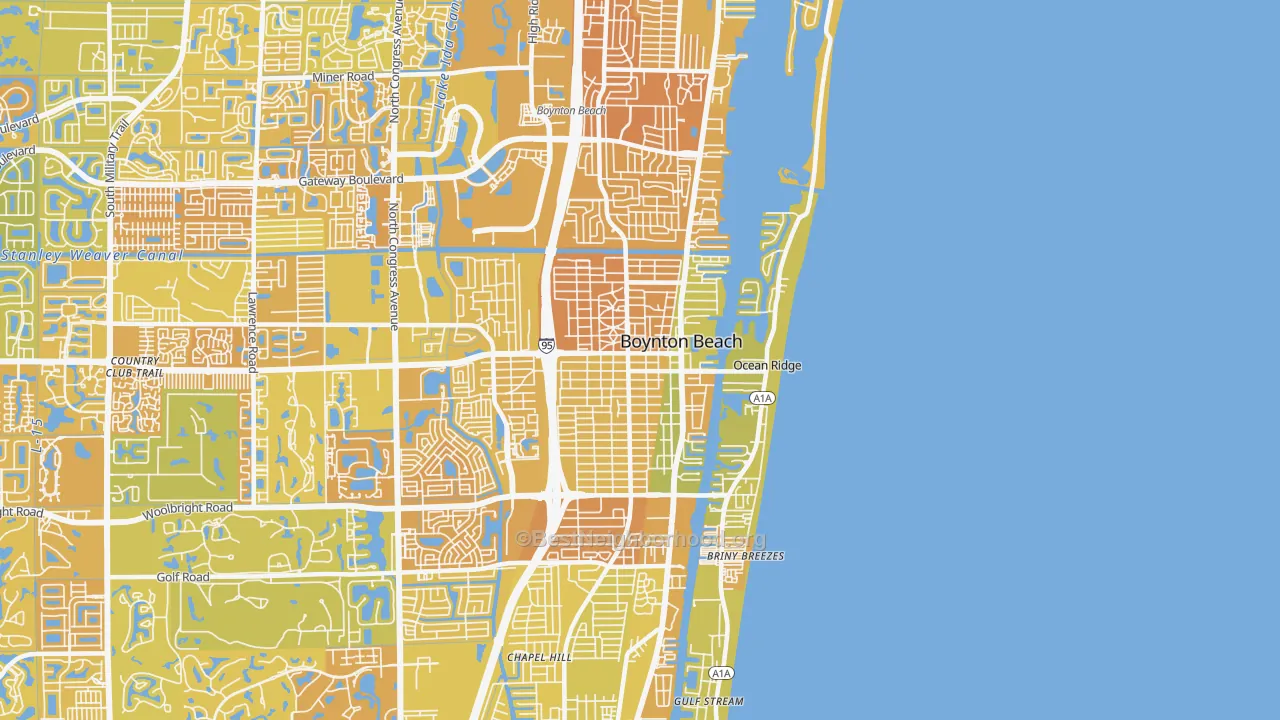 Map of the best neighborhoods in the 33435 area, with better matches in green and worse matches in red