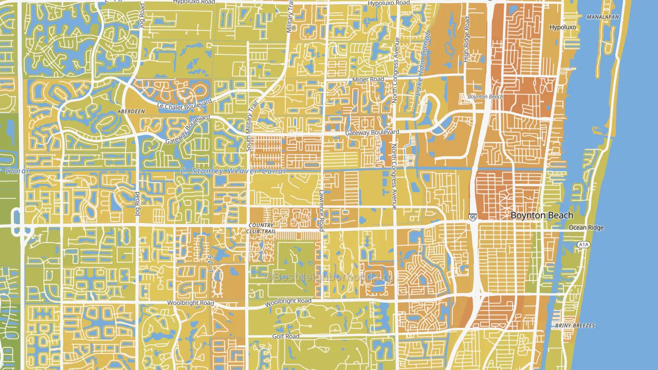Map of the best neighborhoods in the 33436 area, with better matches in green and worse matches in red