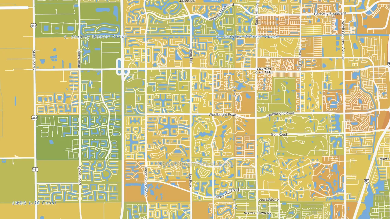 Map of the best neighborhoods in the 33437 area, with better matches in green and worse matches in red