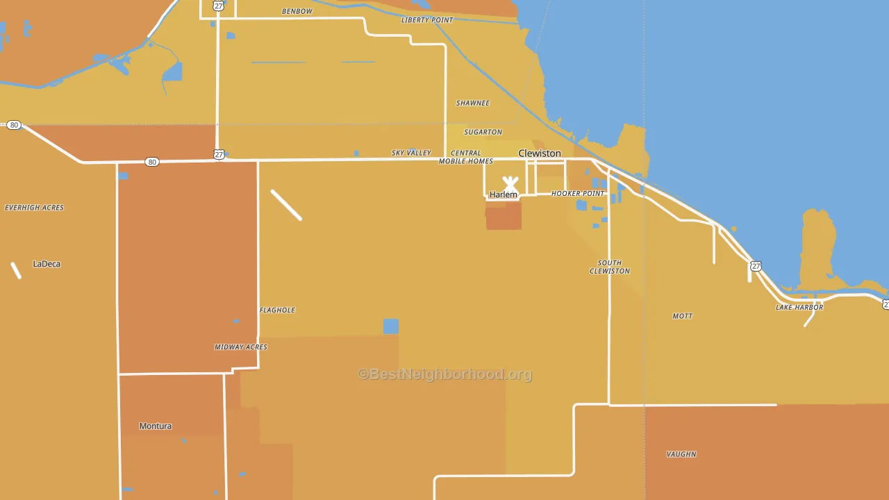 Map of the best neighborhoods in the 33440 area, with better matches in green and worse matches in red