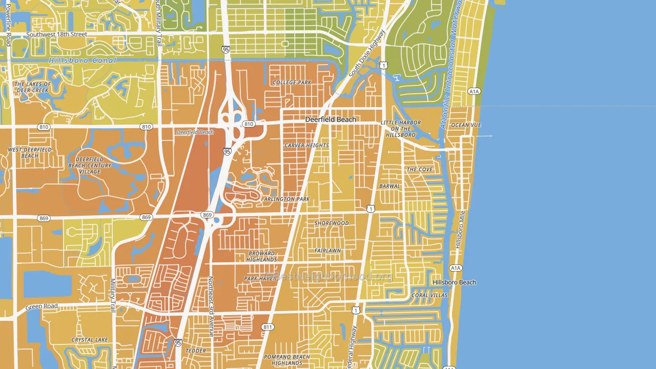 Map of the best neighborhoods in the 33441 area, with better matches in green and worse matches in red