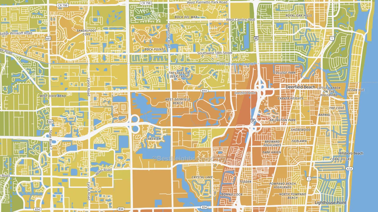 Map of the best neighborhoods in the 33442 area, with better matches in green and worse matches in red