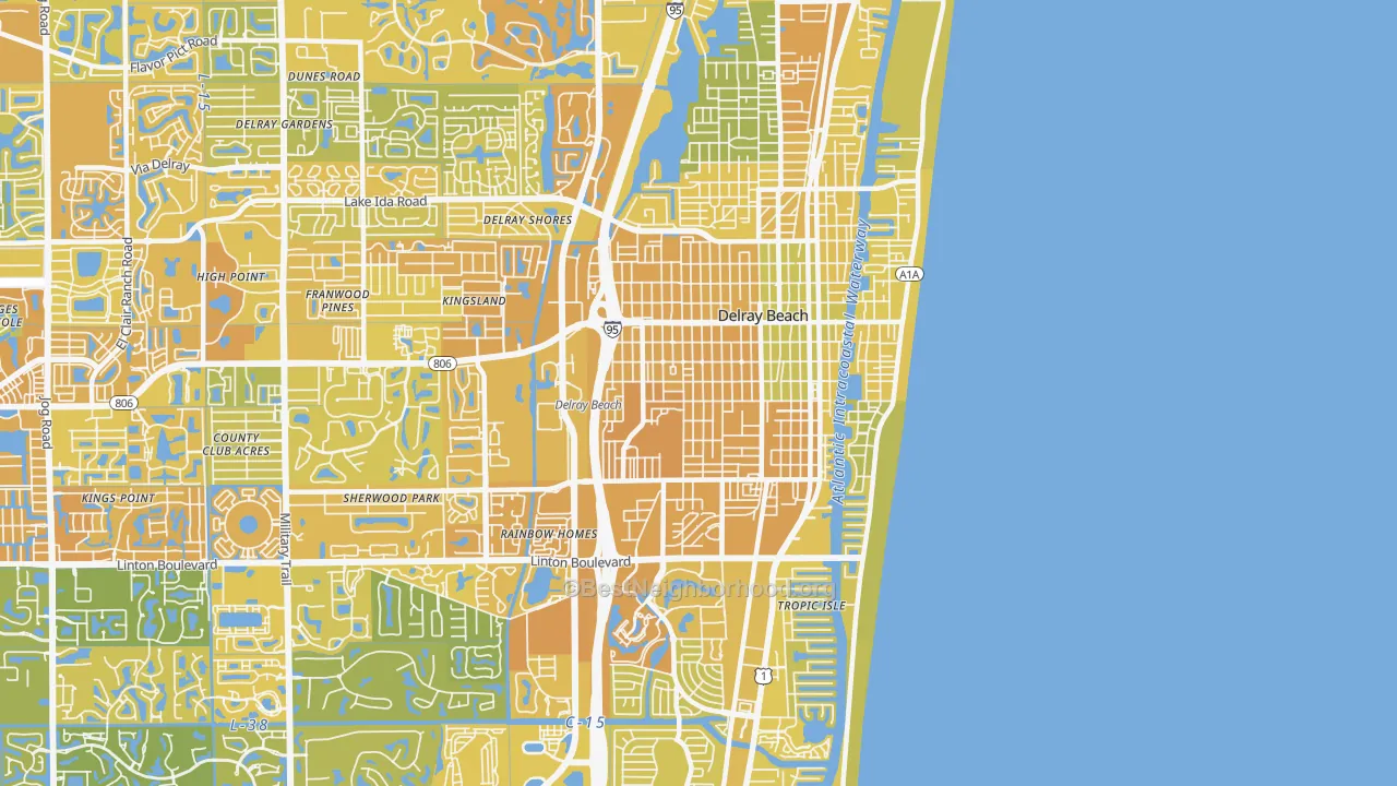 Map of the best neighborhoods in the 33444 area, with better matches in green and worse matches in red