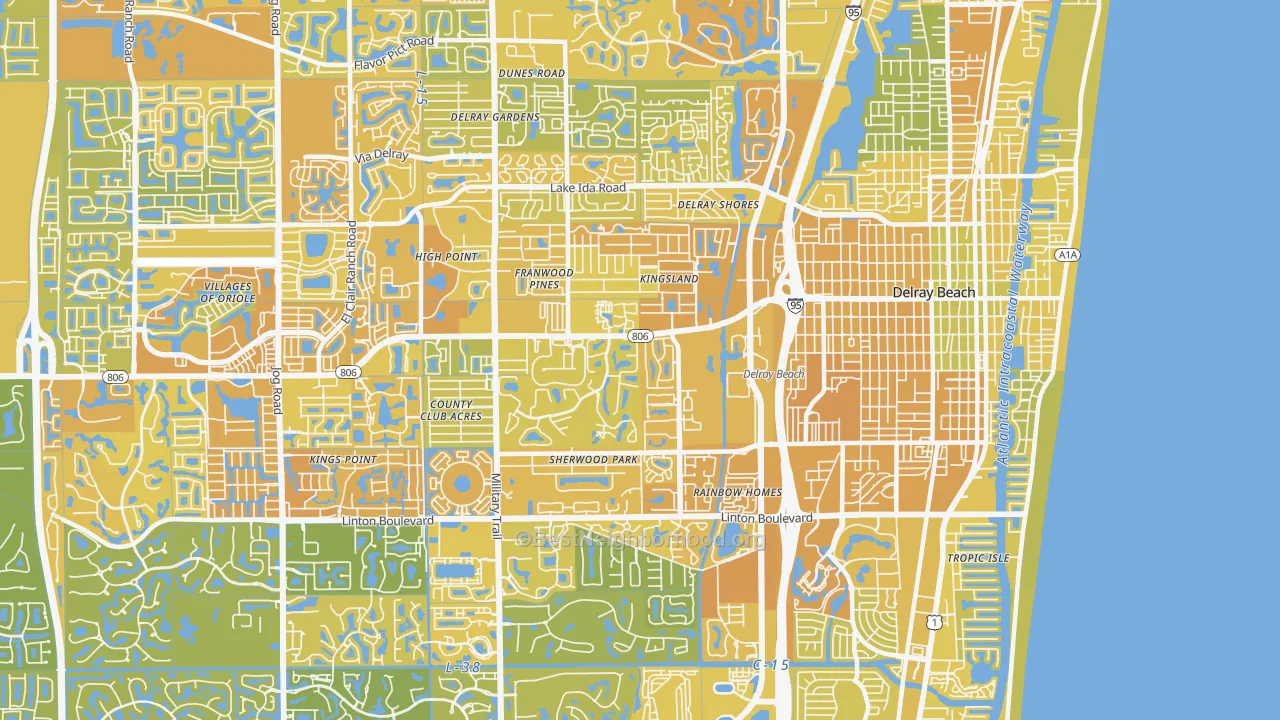 Map of the best neighborhoods in the 33445 area, with better matches in green and worse matches in red