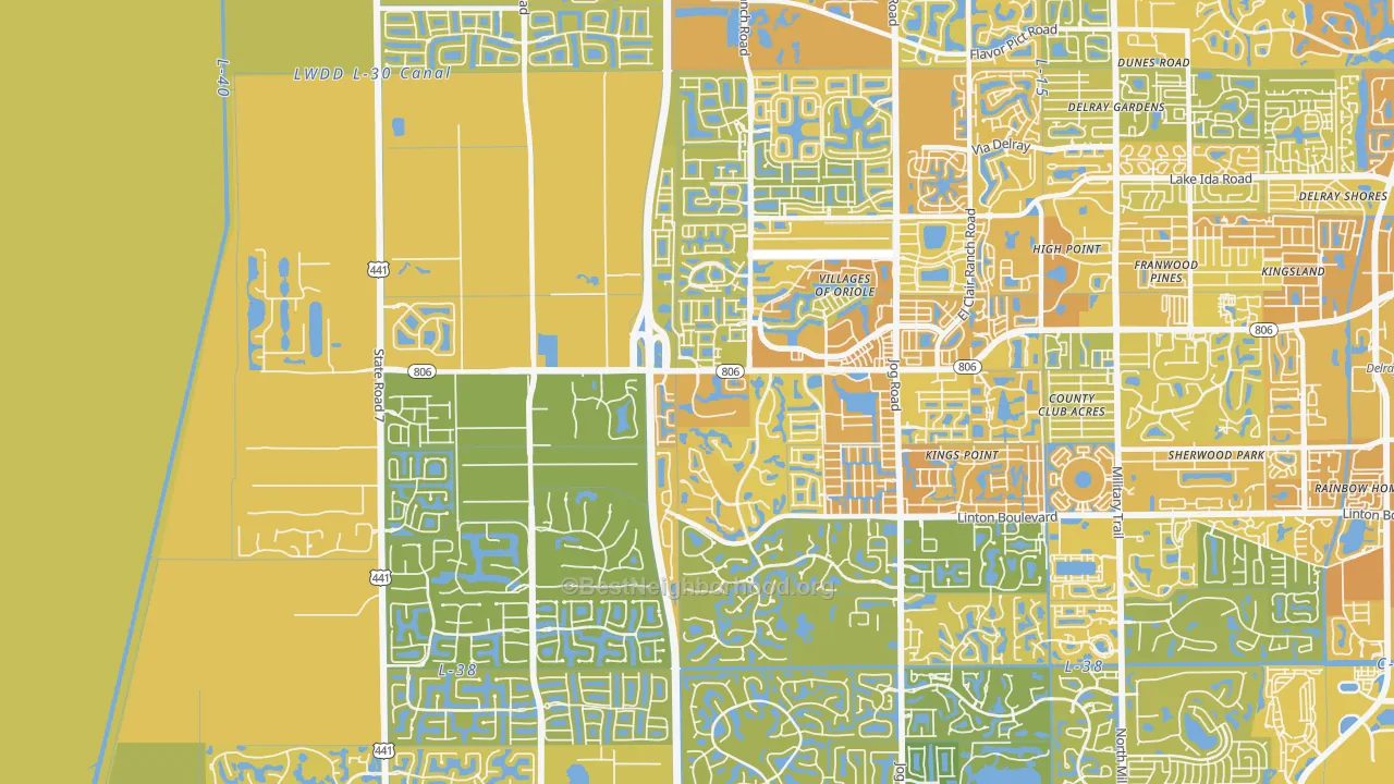 Map of the best neighborhoods in the 33446 area, with better matches in green and worse matches in red
