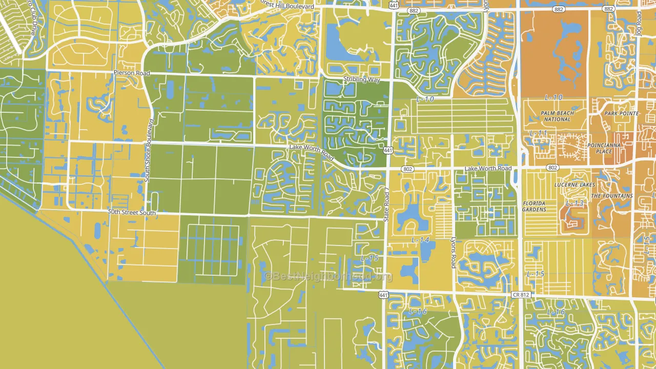 Map of the best neighborhoods in the 33449 area, with better matches in green and worse matches in red